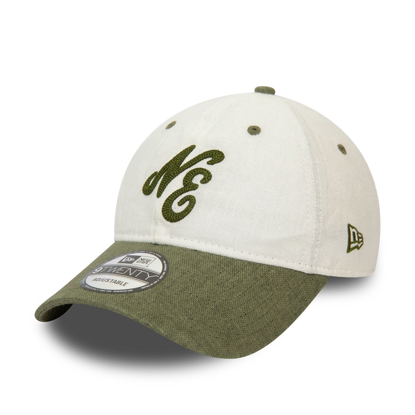 This is a New Era Linen Script White and Green 9TWENTY Adjustable Cap 1