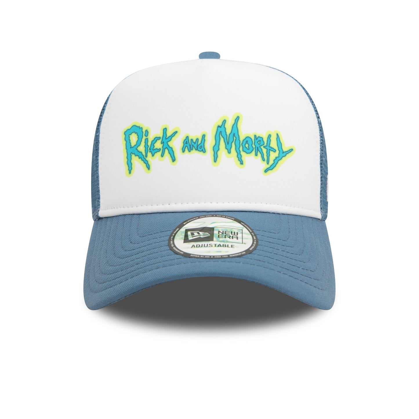 This is a Rick And Morty Wordmark Blue A-Frame Trucker Cap 2