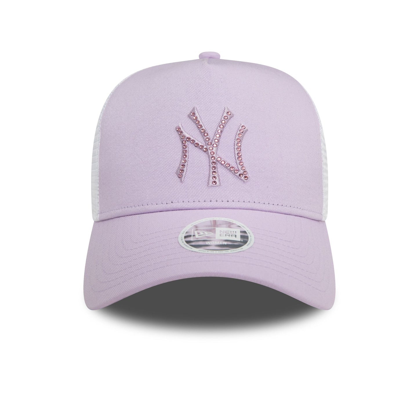 This is a New York Yankees Womens MLB Rhinestone Lilac A-Frame Trucker Cap 2