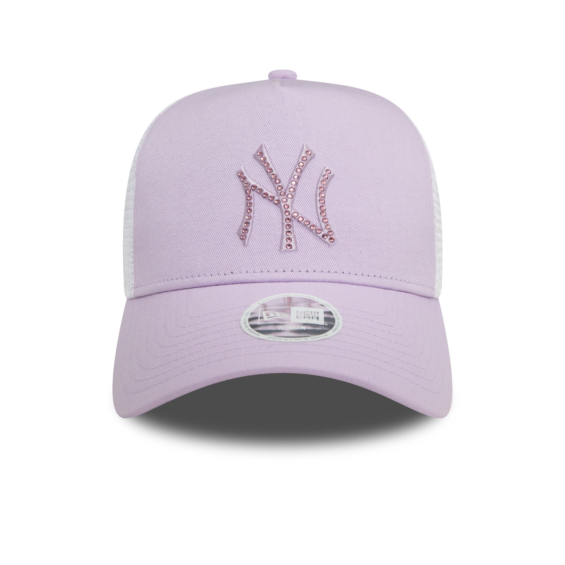 This is a New York Yankees Womens MLB Rhinestone Lilac A-Frame Trucker Cap 2