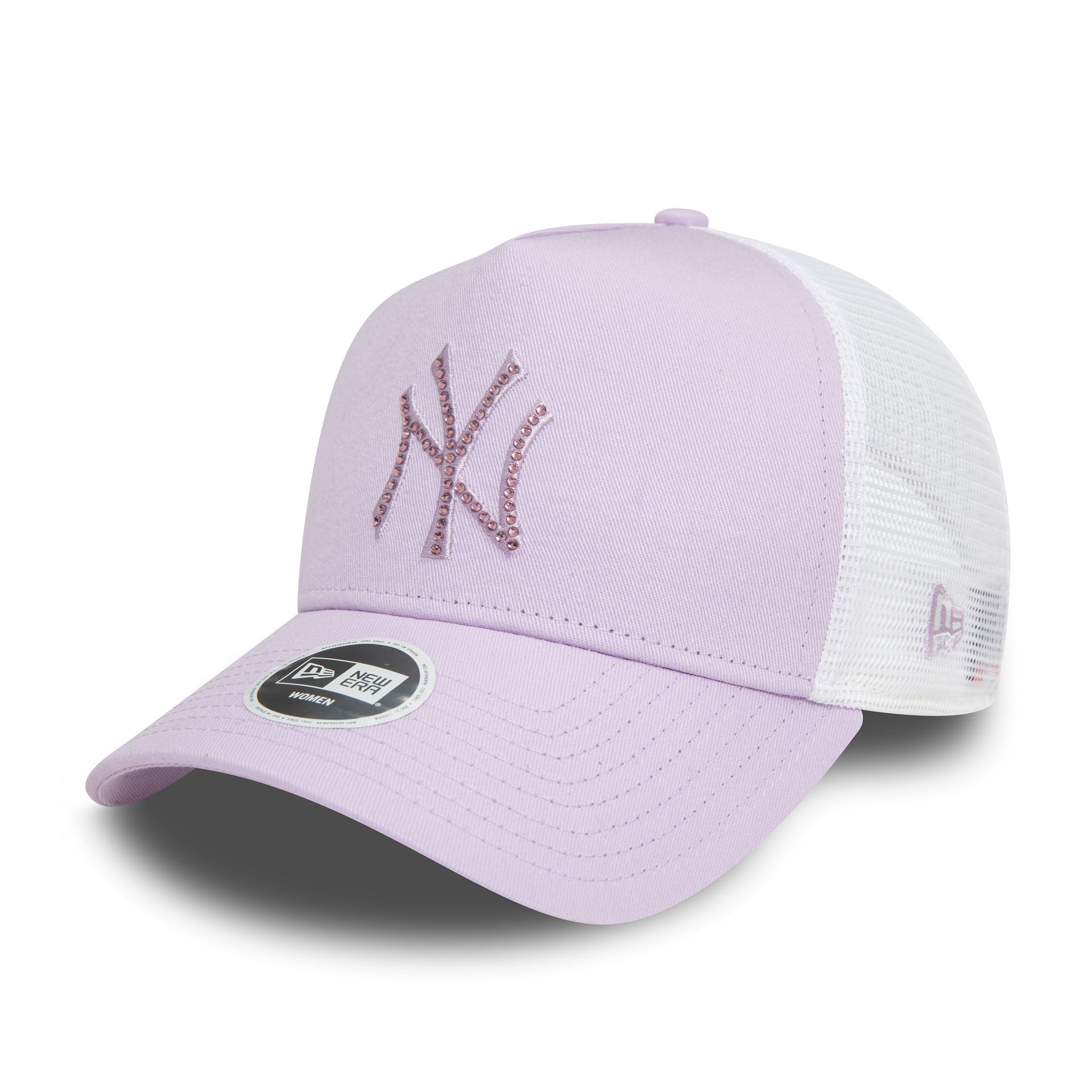 This is a New York Yankees Womens MLB Rhinestone Lilac A-Frame Trucker Cap 1