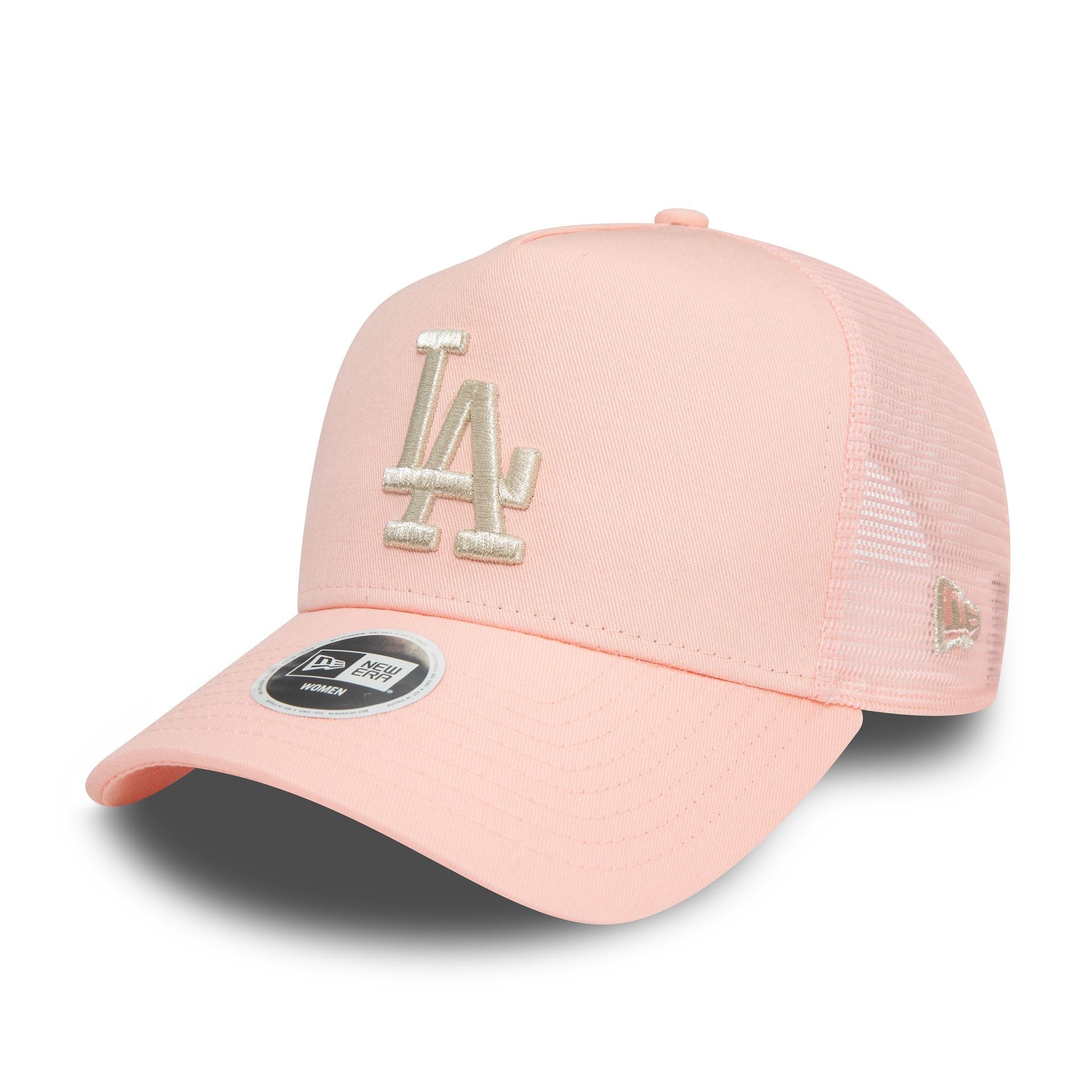 This is a LA Dodgers Womens Metallic Pastel Pink A-Frame Trucker Cap 1