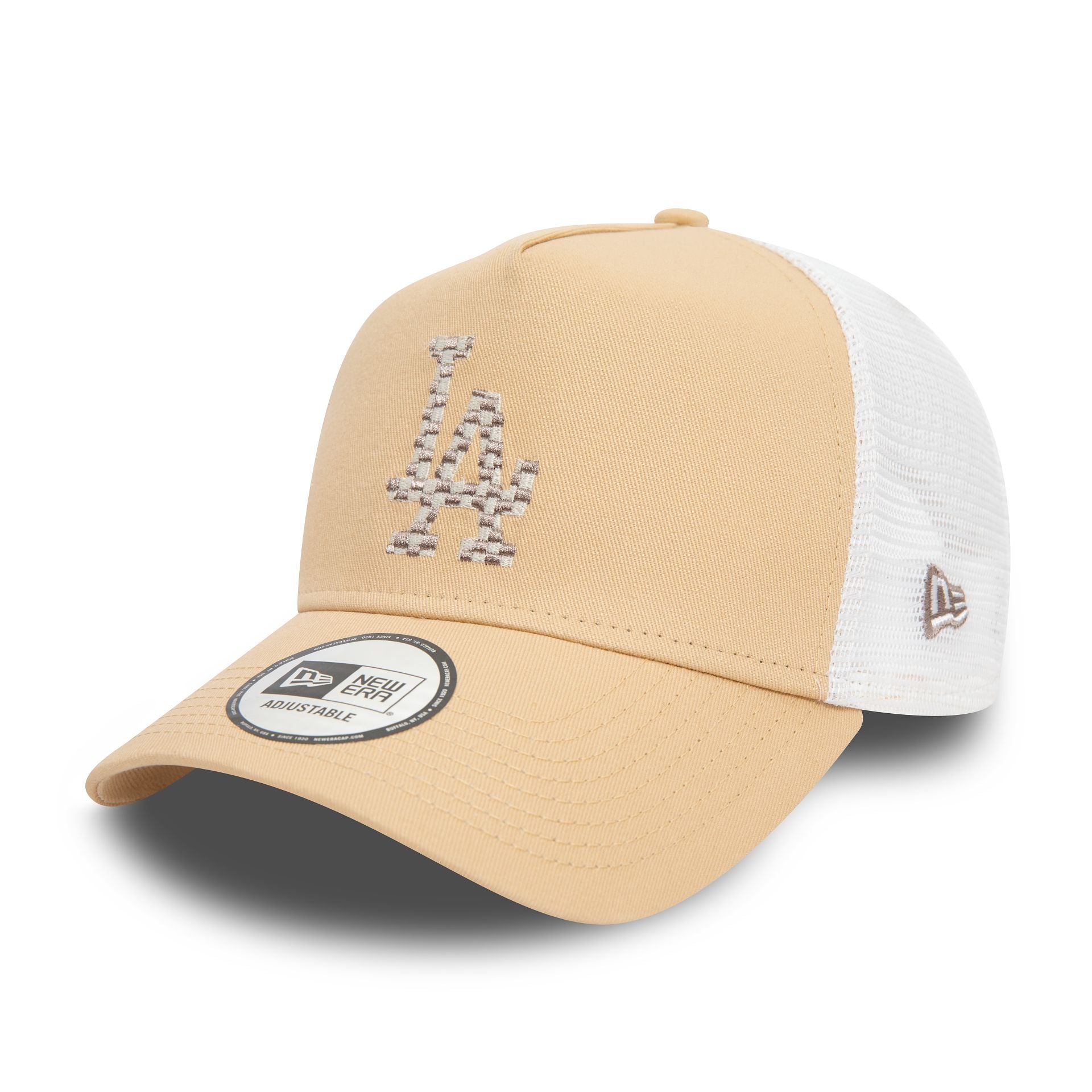 This is a LA Dodgers Seasonal Infill Light Beige A-Frame Trucker Cap 1