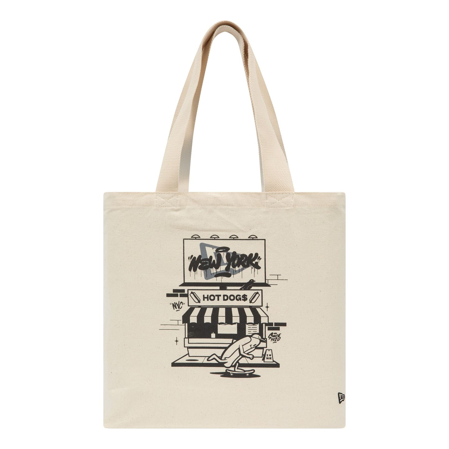 This is a New Era Hot Dog Graphic Stone Tote Bag 1