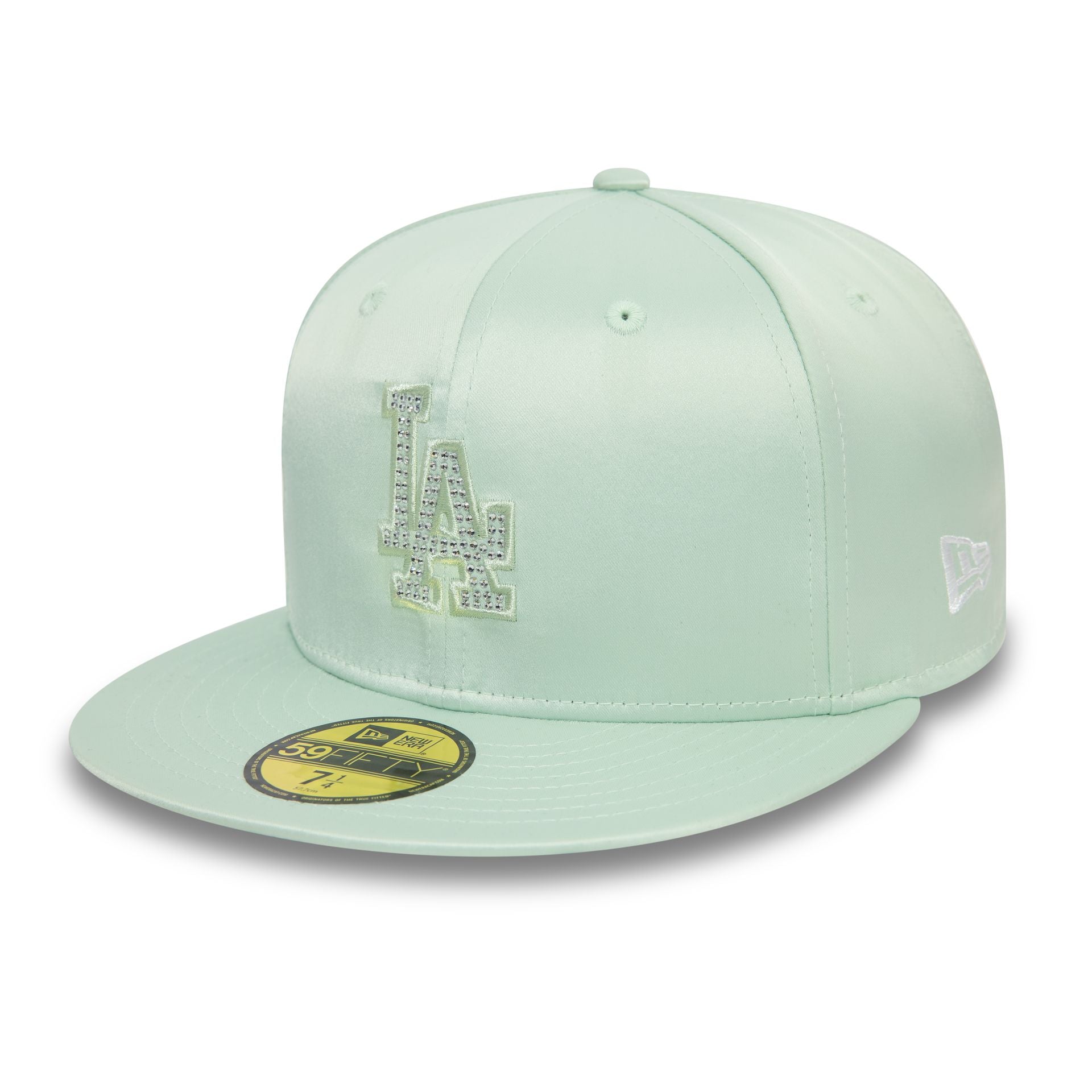 This is a LA Dodgers MLB Rhinestone Satin Pastel Green 59FIFTY Fitted Cap 1