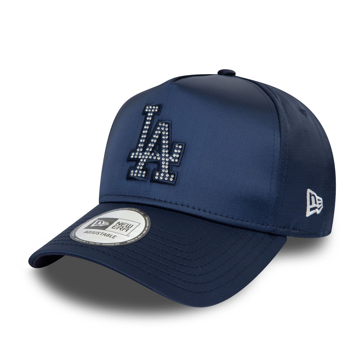 This is a LA Dodgers MLB Satin Rhinestone Navy 9FORTY E-Frame Adjustable Cap 1