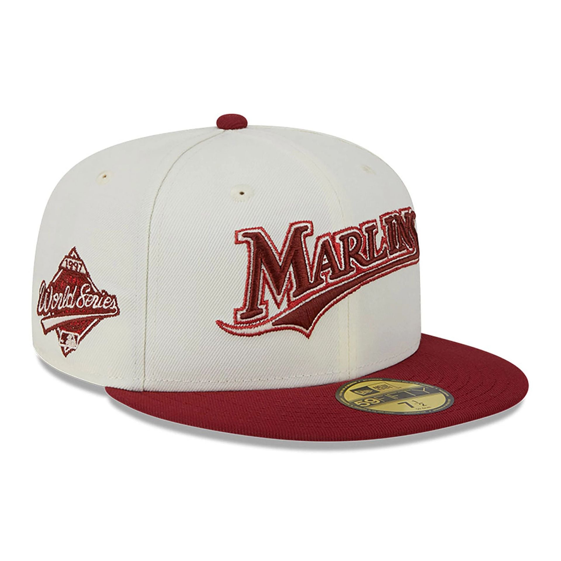 This is a Miami Marlins Be Mine White 59FIFTY Fitted Cap 1