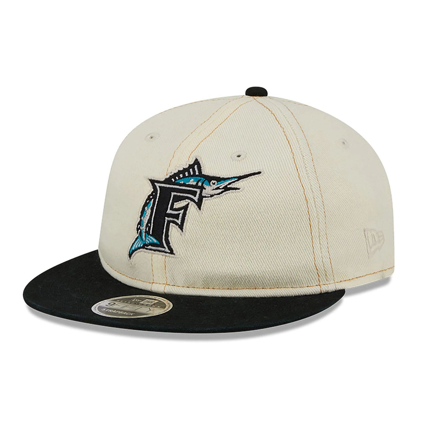 This is a Miami Marlins Chrome Denim White Retro Crown 9FIFTY Strapback Cap 1