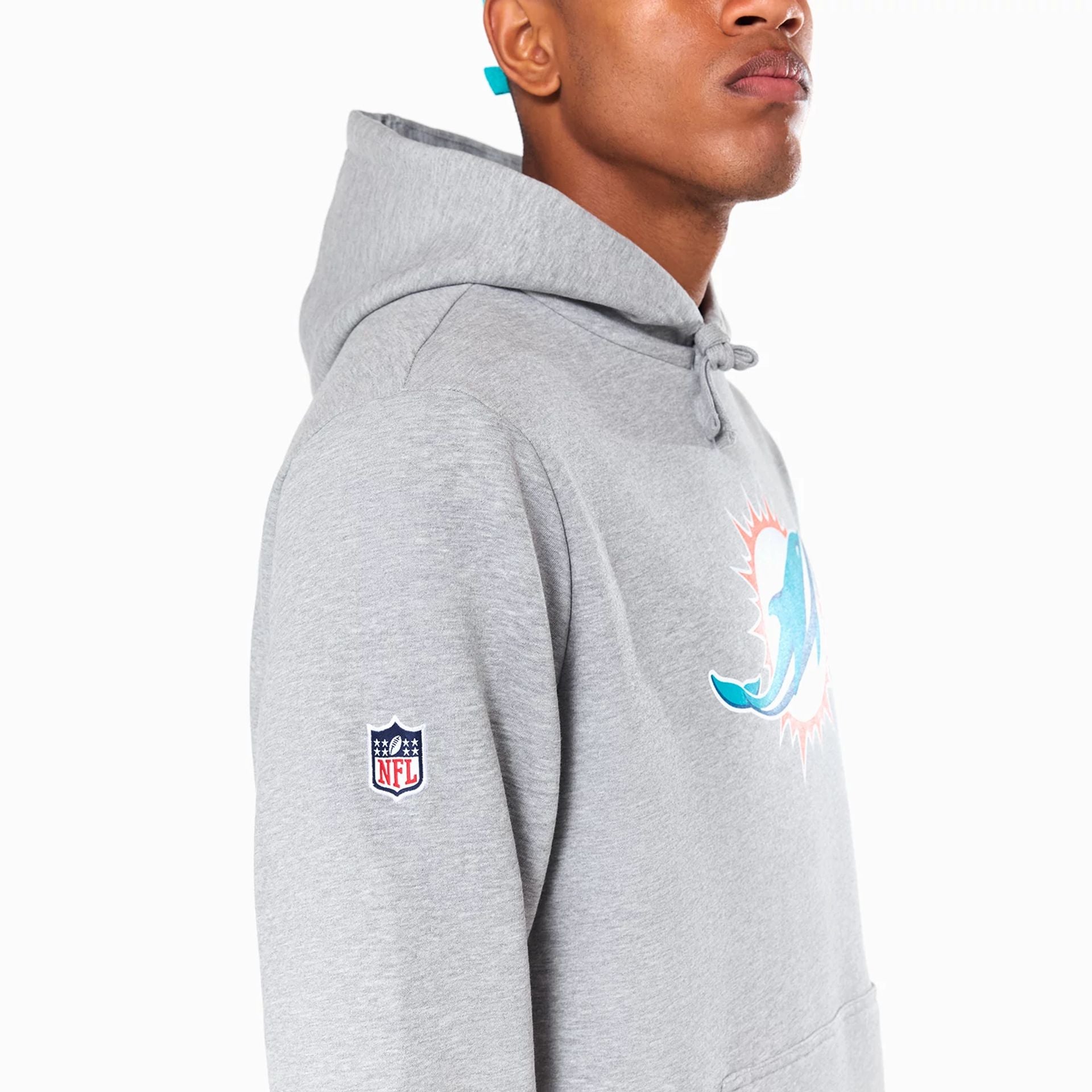 The Male model is wearing Miami Dolphins NFL Grey Pullover Hoodie 4