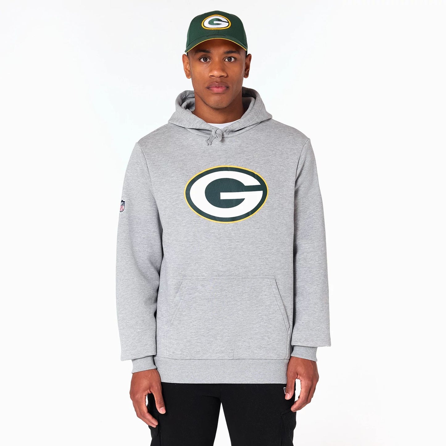 The Male model is wearing Green Bay Packers NFL Grey Pullover Hoodie 1