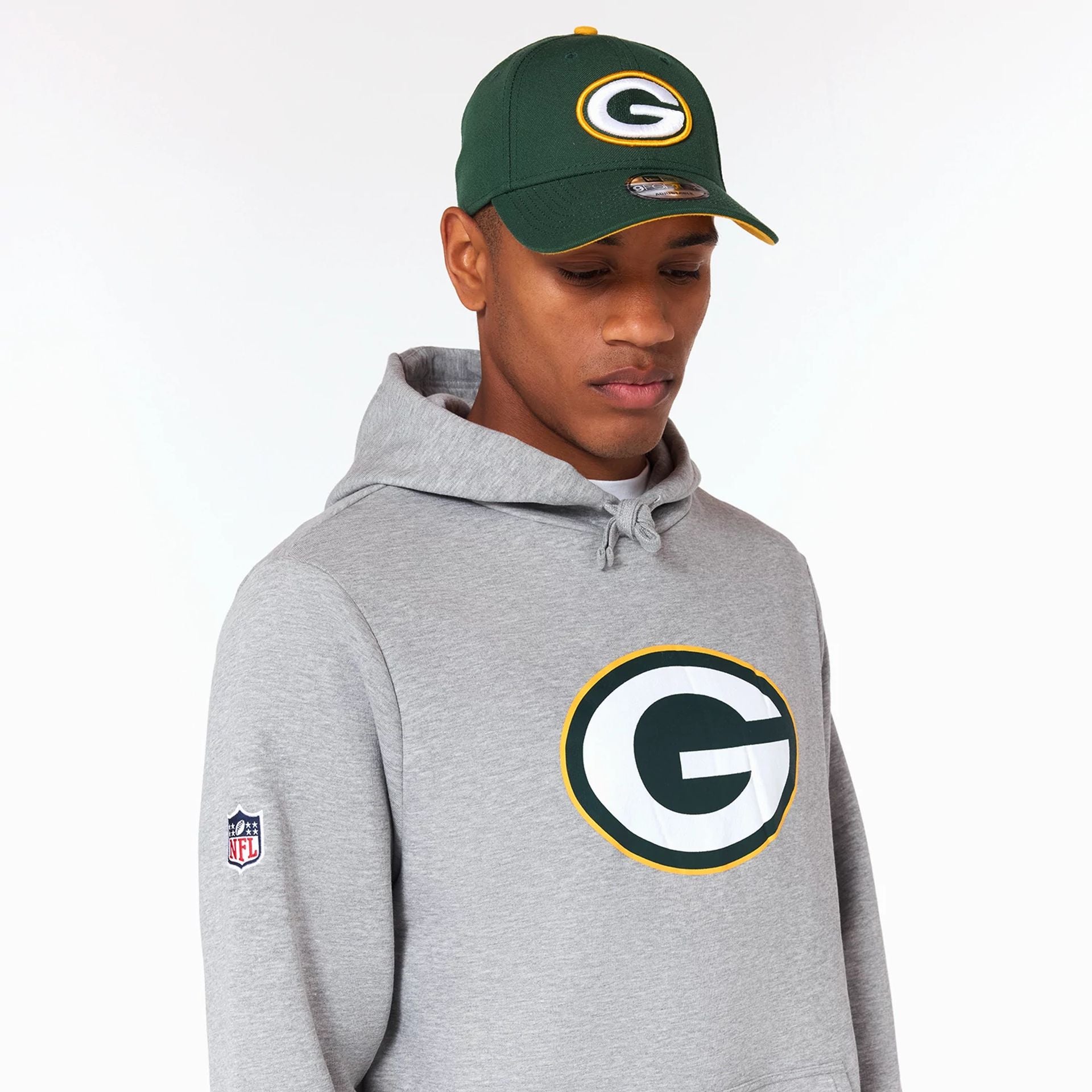 The Male model is wearing Green Bay Packers NFL Grey Pullover Hoodie 3