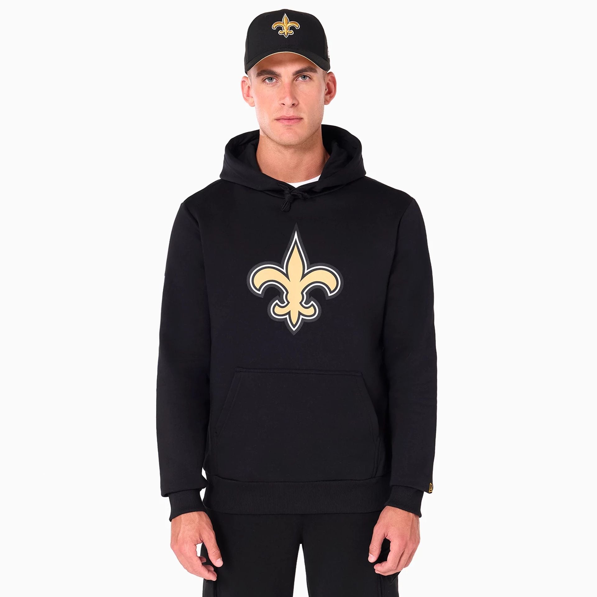 The Male model is wearing New Orleans Saints NFL Black Pullover Hoodie 1