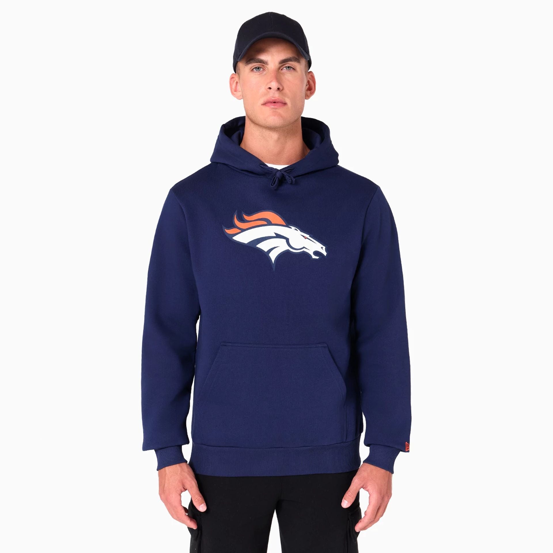 The Male model is wearing Denver Broncos NFL Navy Pullover Hoodie 1