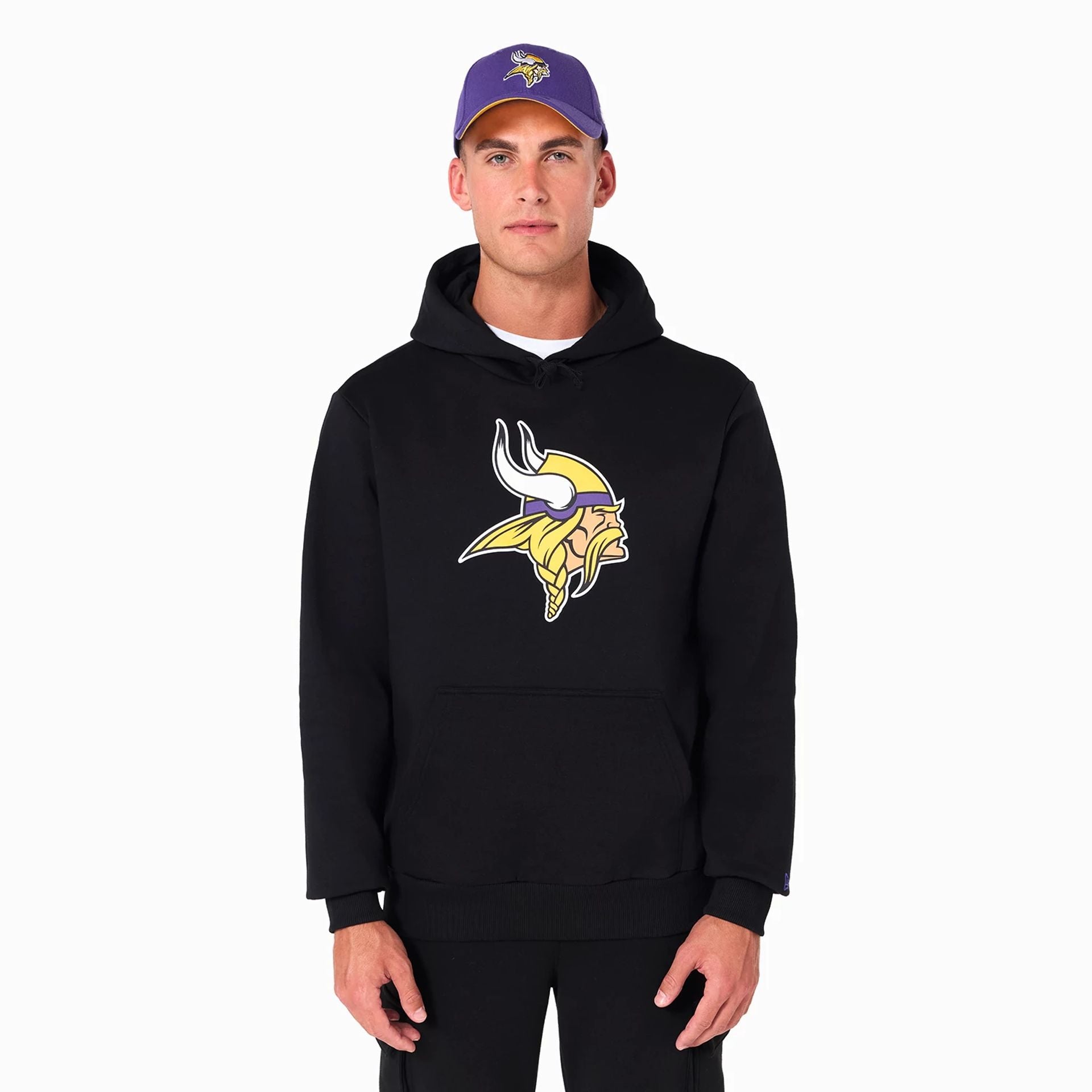 The Male model is wearing Minnesota Vikings NFL Black Pullover Hoodie 1