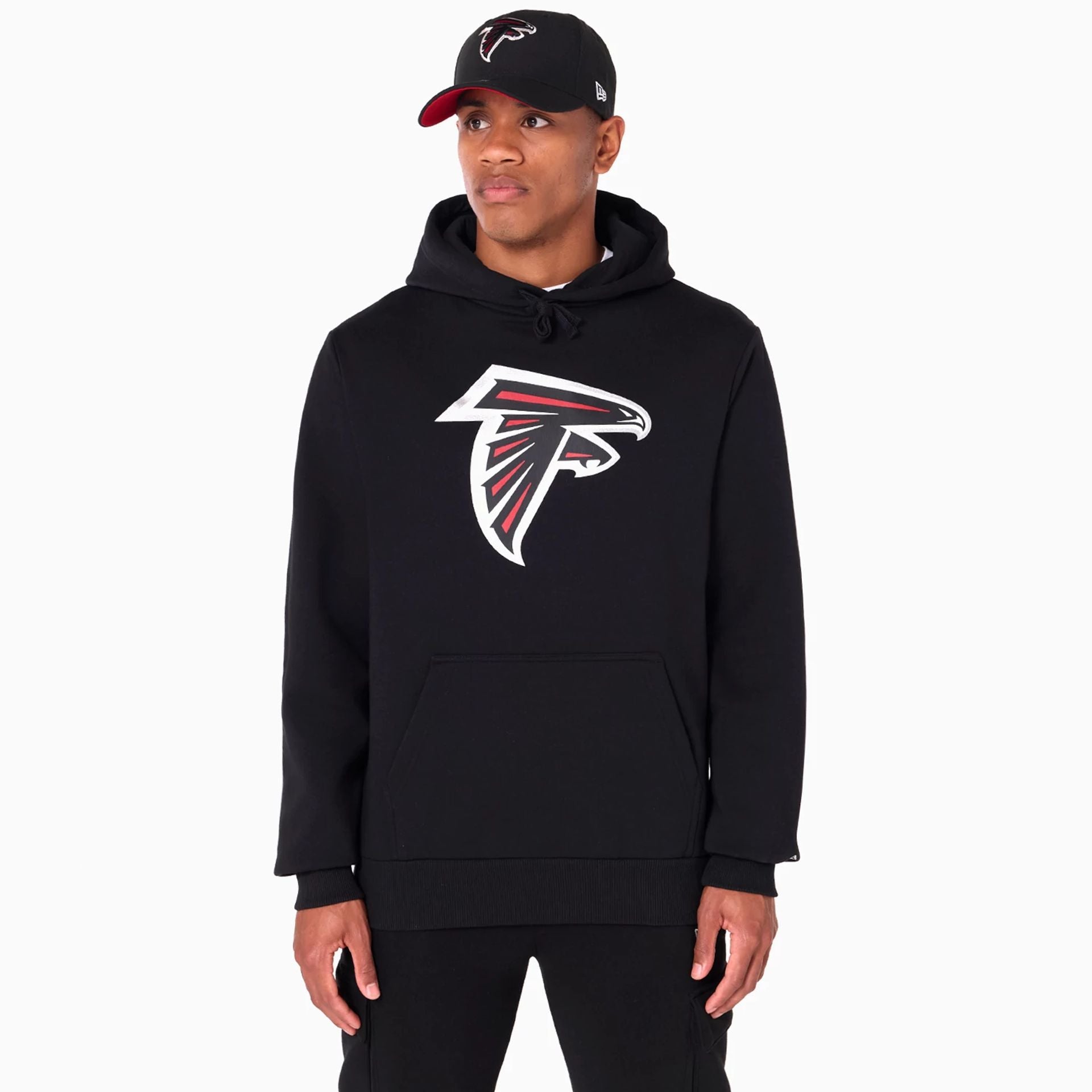 The Male model is wearing Atlanta Falcons NFL Black Pullover Hoodie 1