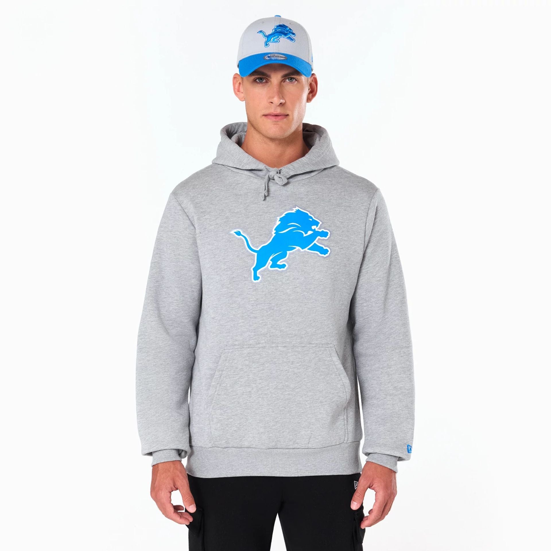 The Male model is wearing Detroit Lions NFL Grey Pullover Hoodie 1