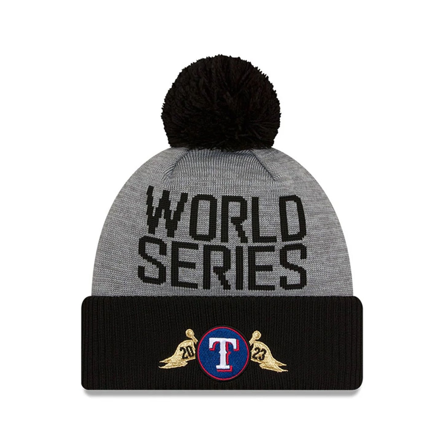 This is a Texas Rangers MLB World Series Champions Grey Bobble Knit Beanie Hat 1