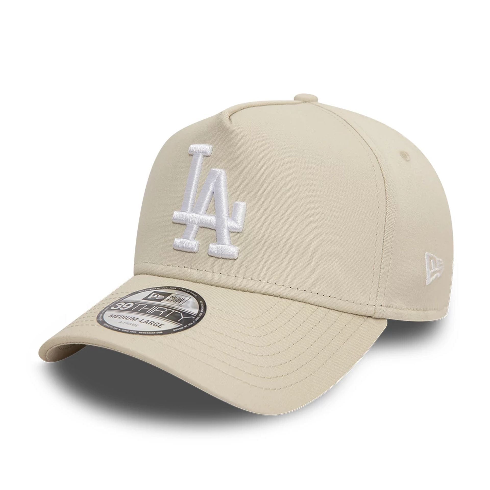 This is a LA Dodgers League Essential Light Beige 39THIRTY A-Frame Stretch Fit Cap 1