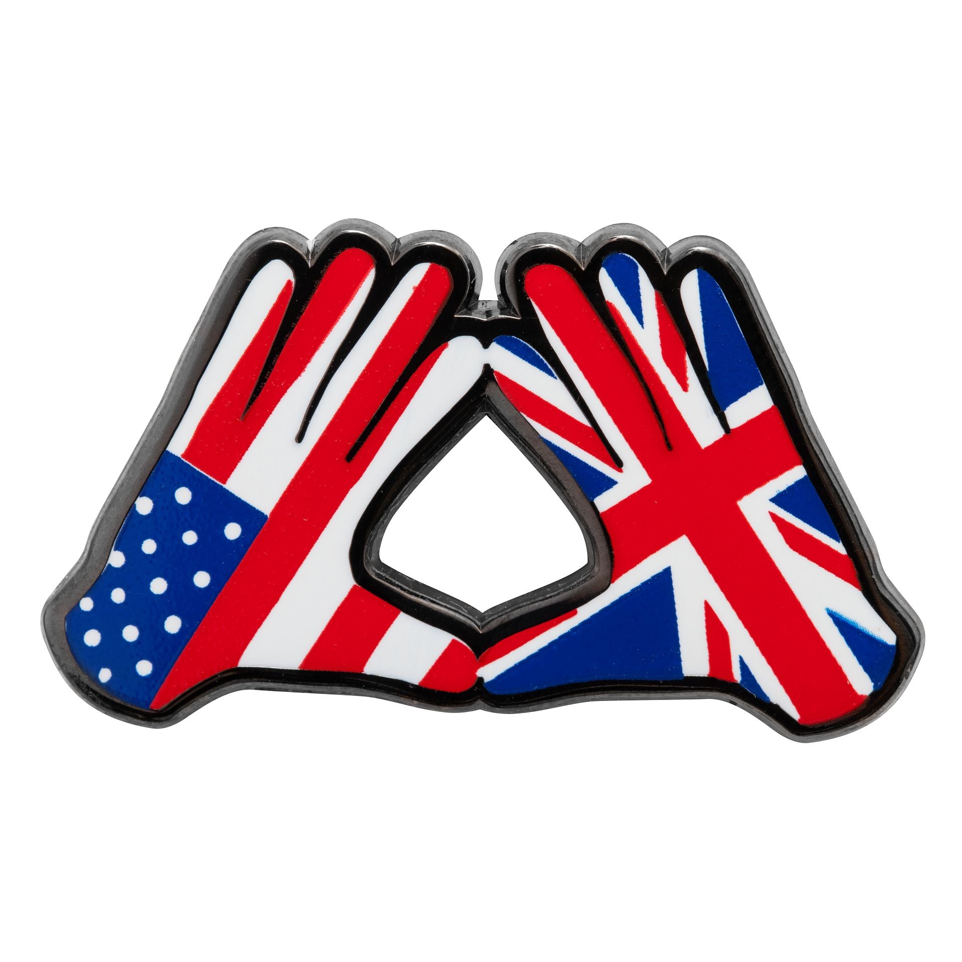 This is a New Era Flag Hands Red Pin Badge 1