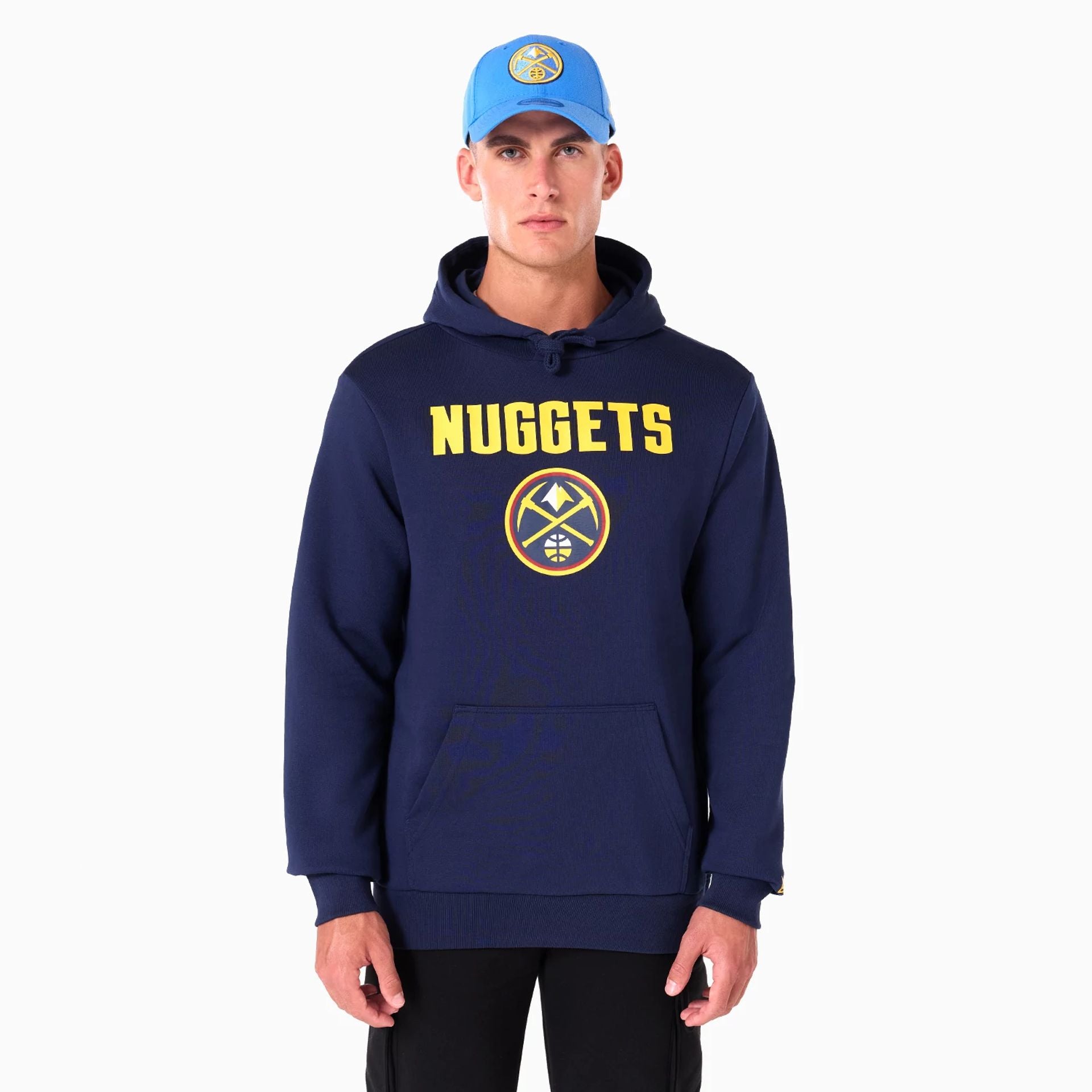 The Male model is wearing Denver Nuggets NBA Navy Pullover Hoodie 1