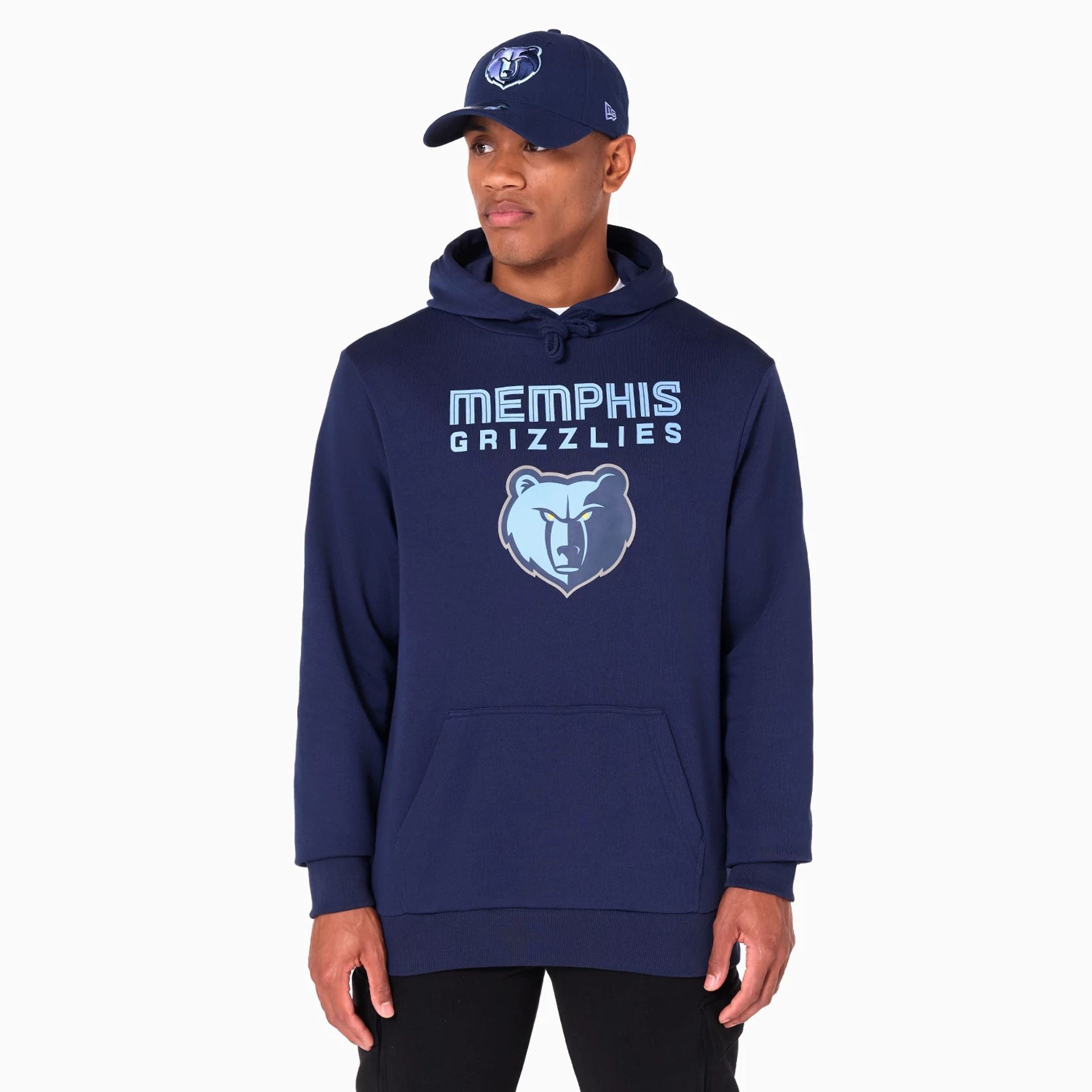 The Male model is wearing Memphis Grizzlies NBA Navy Pullover Hoodie 1