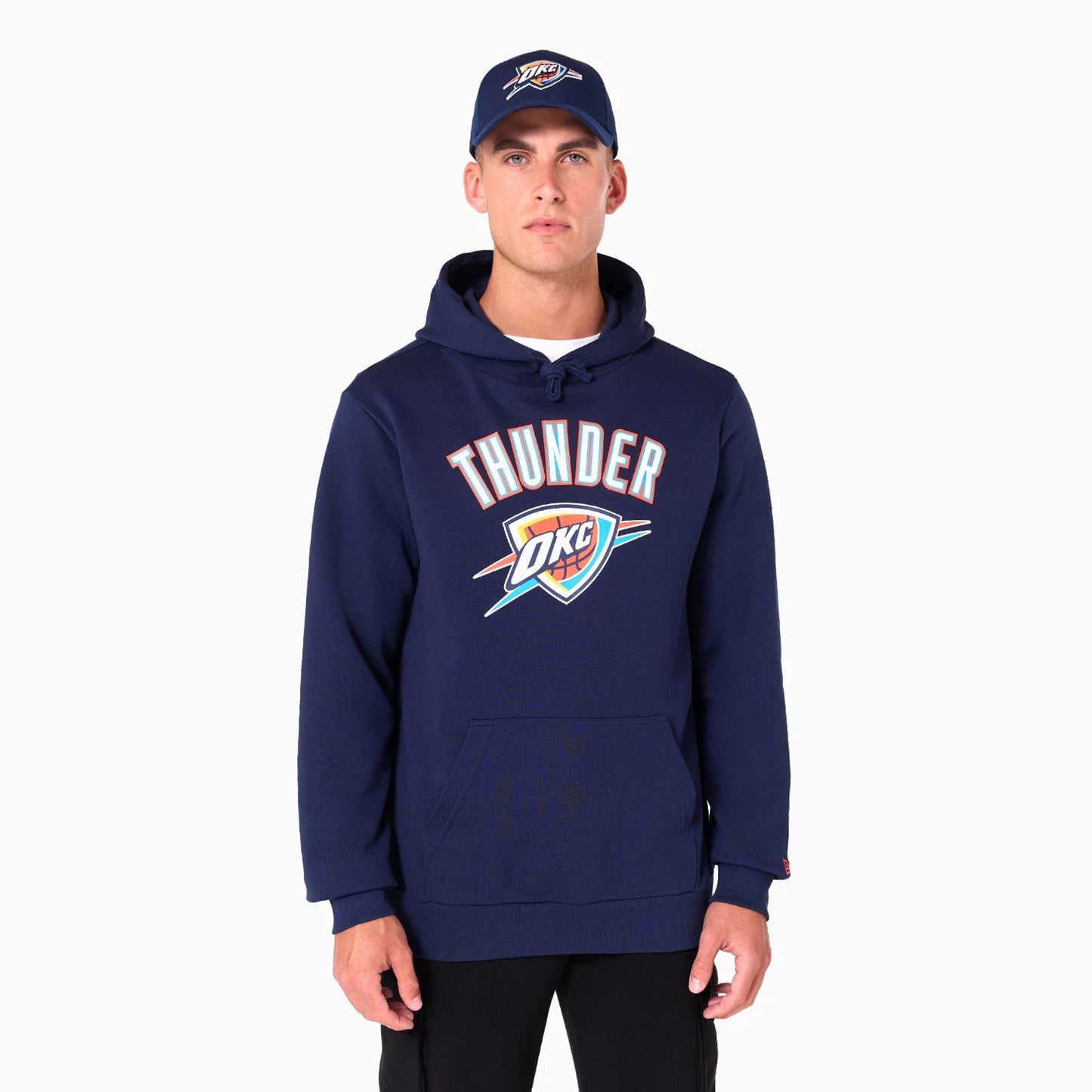 The Male model is wearing Oklahoma City Thunder NBA Navy Pullover Hoodie 1