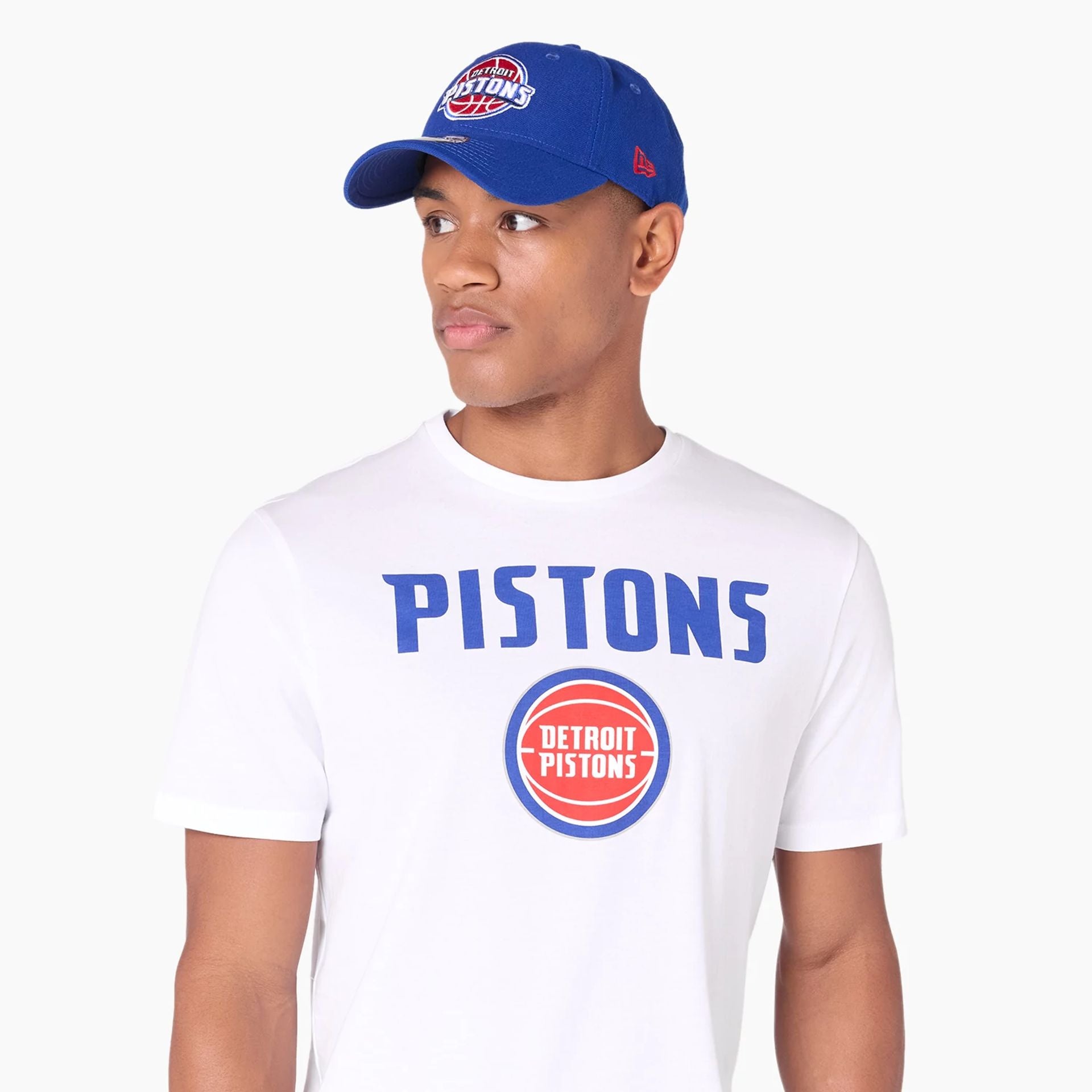 The Male model is wearing Detroit Pistons NBA White T-Shirt 5