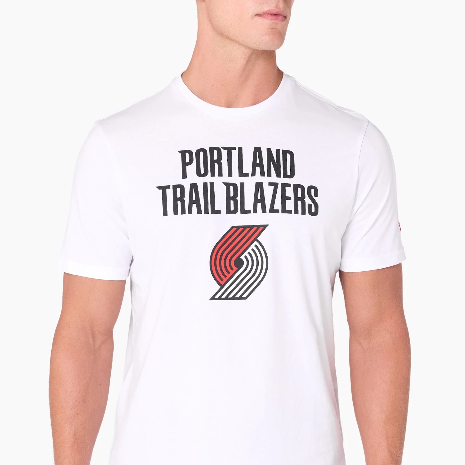 The Male model is wearing Portland Trail Blazers NBA White T-Shirt 2