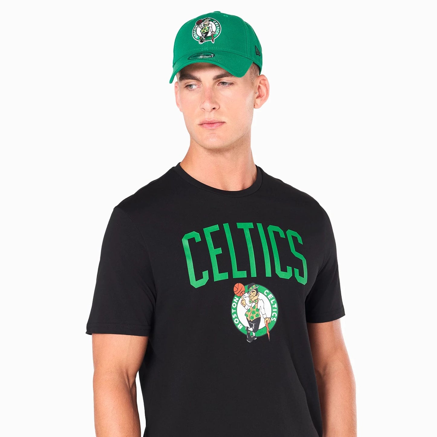 The Male model is wearing Boston Celtics NBA Black T-Shirt 5