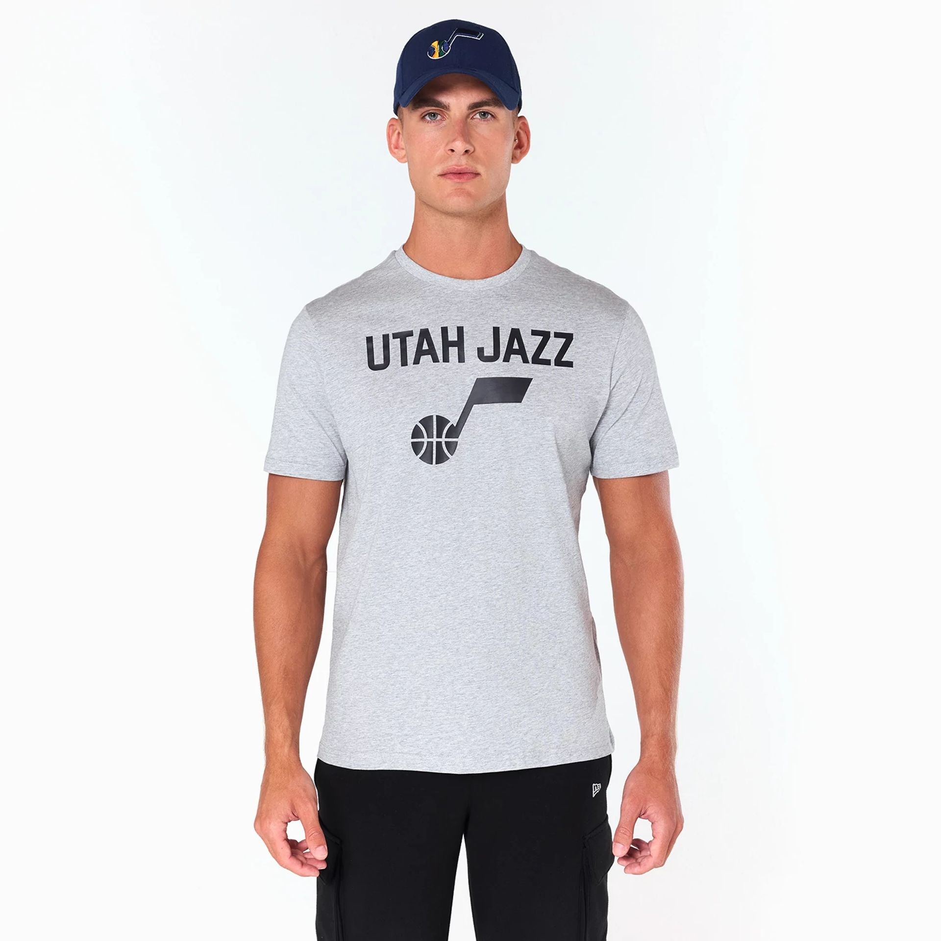 The Male model is wearing Utah Jazz NBA Grey T-Shirt 1