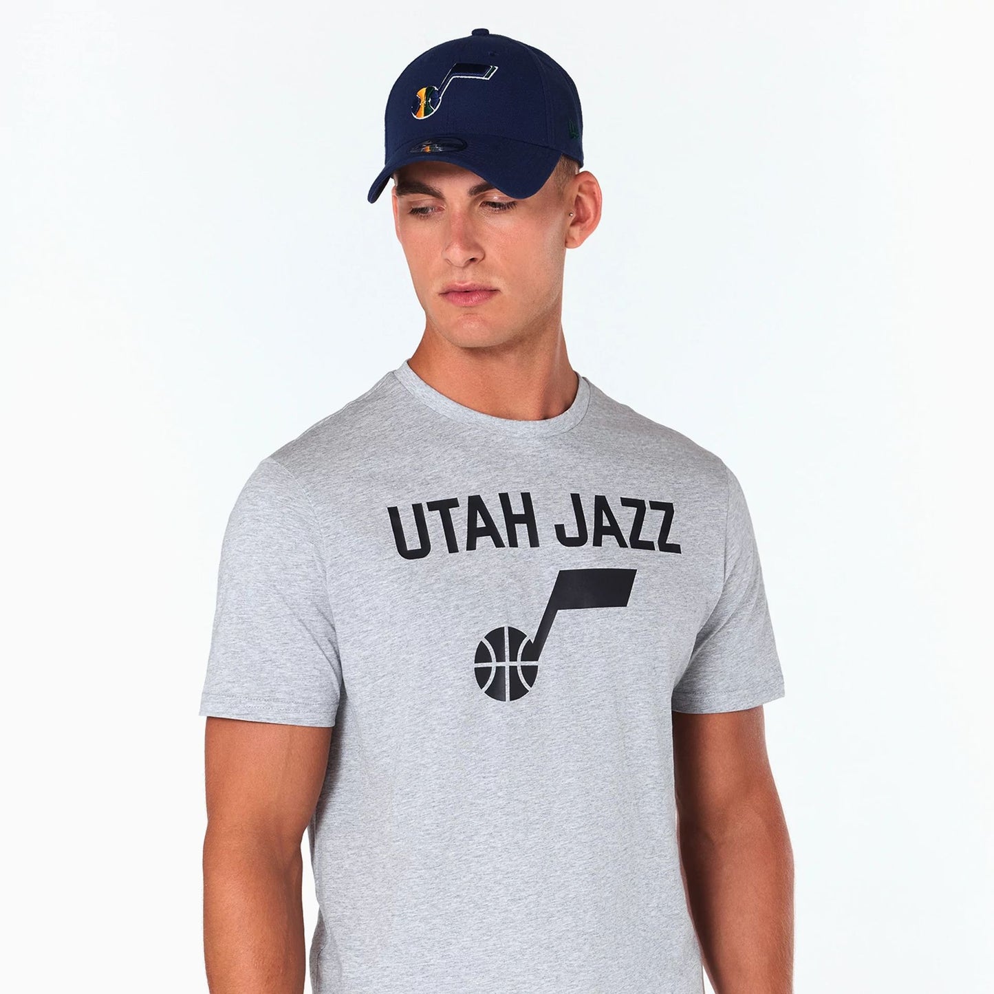 The Male model is wearing Utah Jazz NBA Grey T-Shirt 5