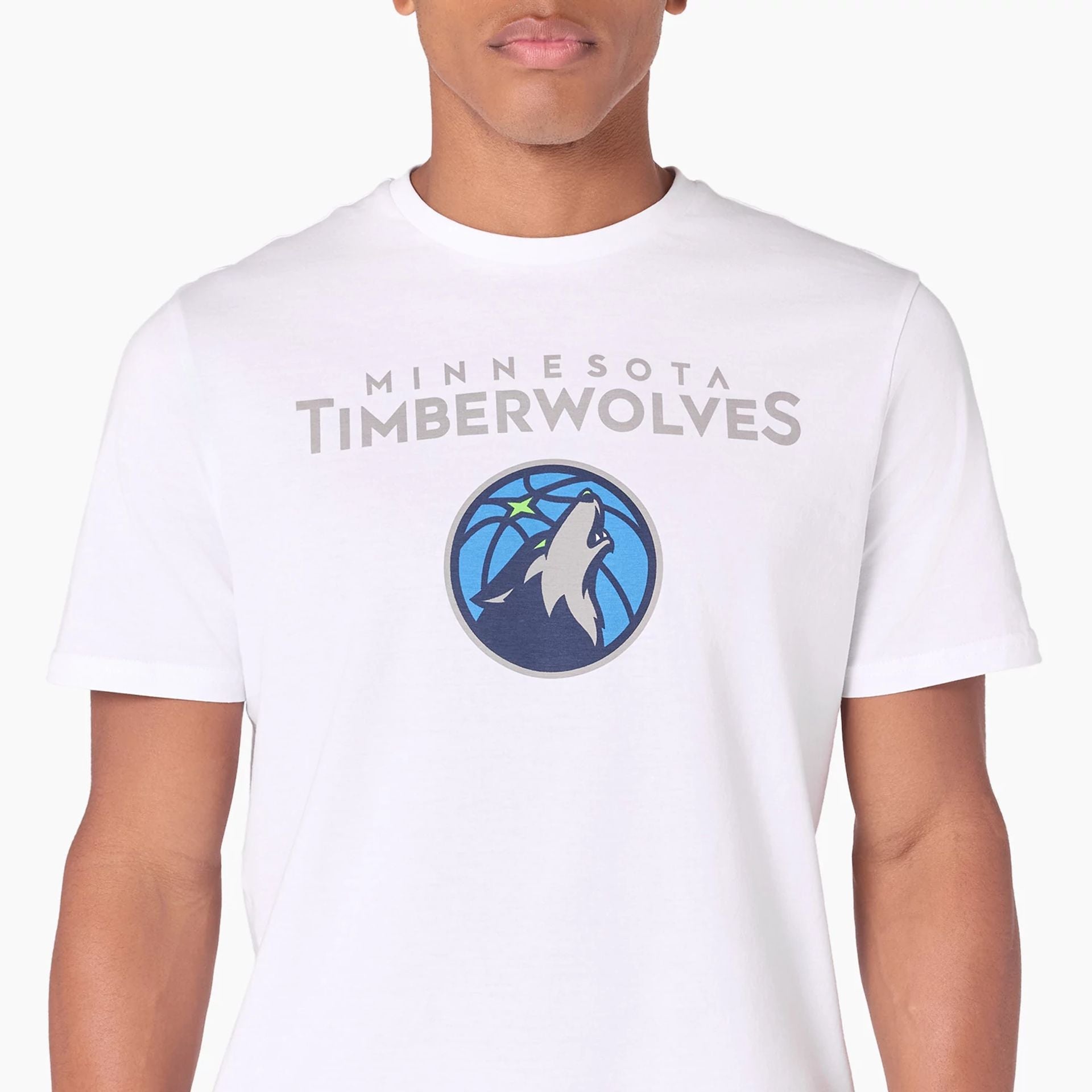 The Male model is wearing Minnesota Timberwolves NBA White T-Shirt 2