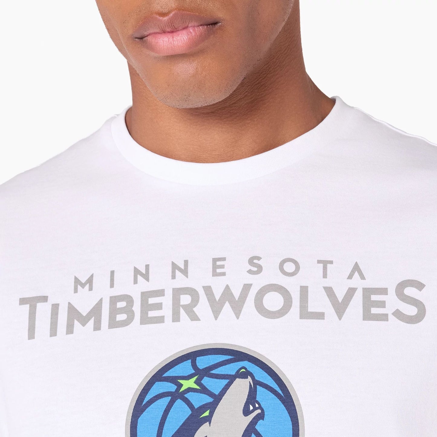 The Male model is wearing Minnesota Timberwolves NBA White T-Shirt 3