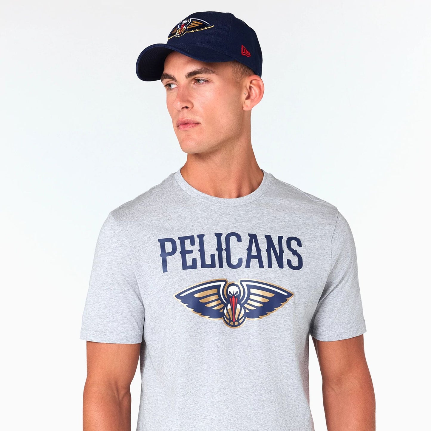 The Male model is wearing New Orleans Pelicans NBA Grey T-Shirt 5