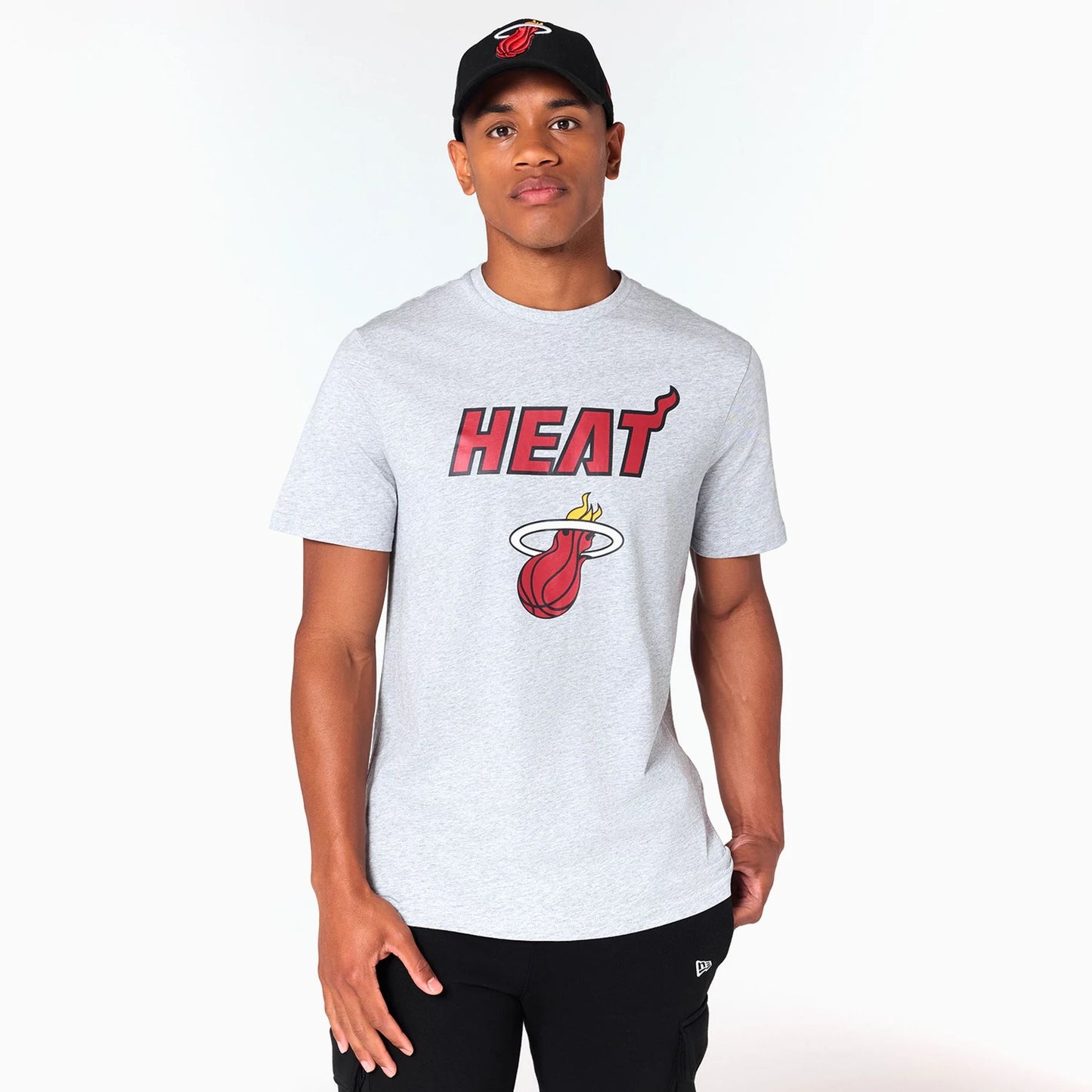 The Male model is wearing Miami Heat NBA Grey T-Shirt 1