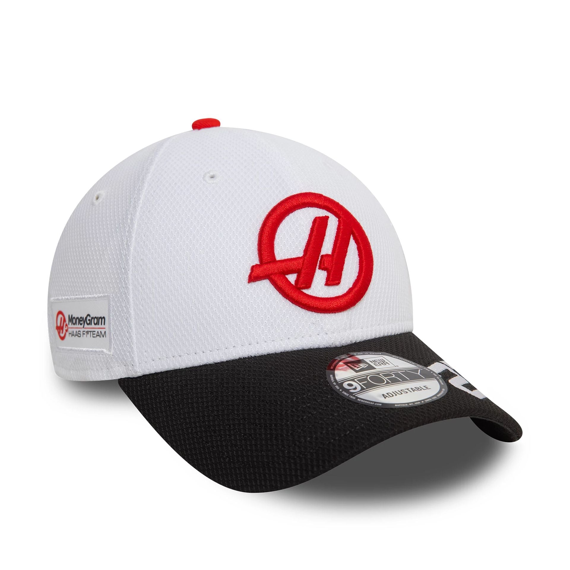 This is a MoneyGram Haas F1 Team Driver Nico Hulkenberg White 9FORTY Adjustable Cap 1