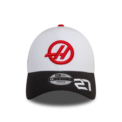 This is a MoneyGram Haas F1 Team Youth Driver Nico Hulkenberg White 9FORTY Adjustable Cap 3