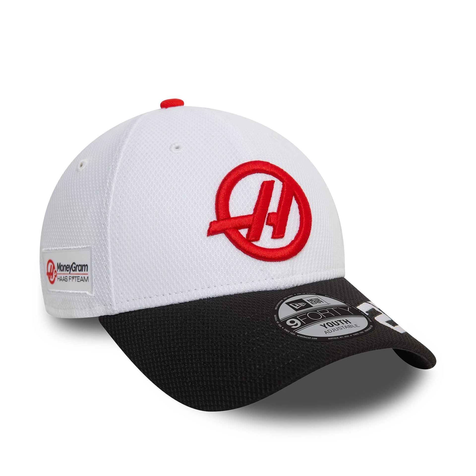 This is a MoneyGram Haas F1 Team Youth Driver Nico Hulkenberg White 9FORTY Adjustable Cap 1