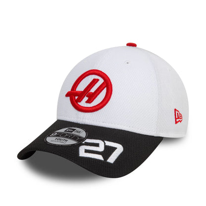 This is a MoneyGram Haas F1 Team Youth Driver Nico Hulkenberg White 9FORTY Adjustable Cap 5