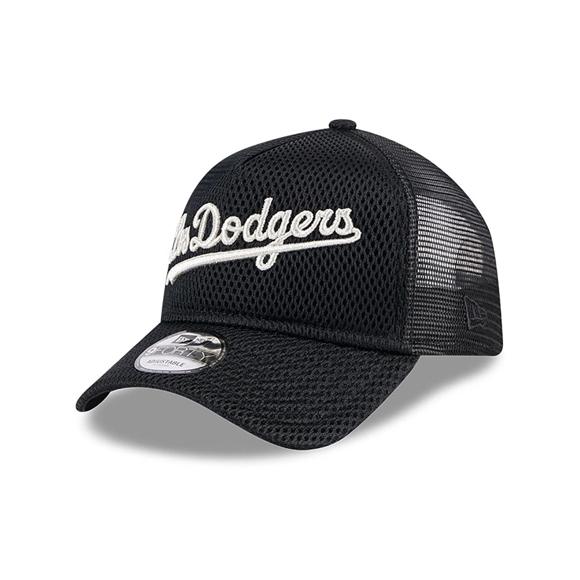 This is a LA Dodgers City Mesh Black 9FORTY A-Frame Adjustable Trucker Cap 1