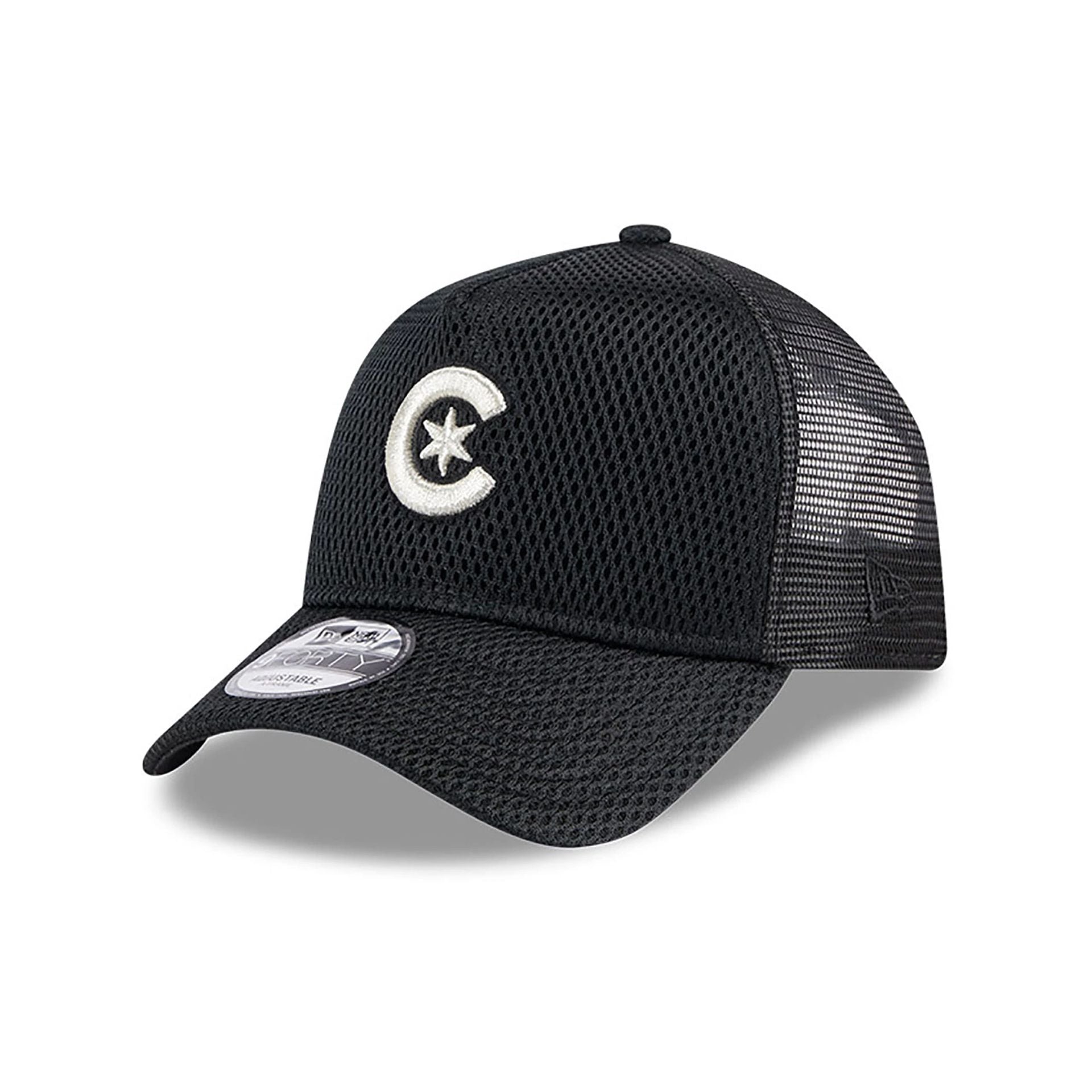 This is a Chicago Cubs City Mesh Black 9FORTY A-Frame Adjustable Trucker Cap 1