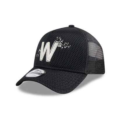 This is a Washington Nationals City Mesh Black 9FORTY A-Frame Adjustable Trucker Cap 1