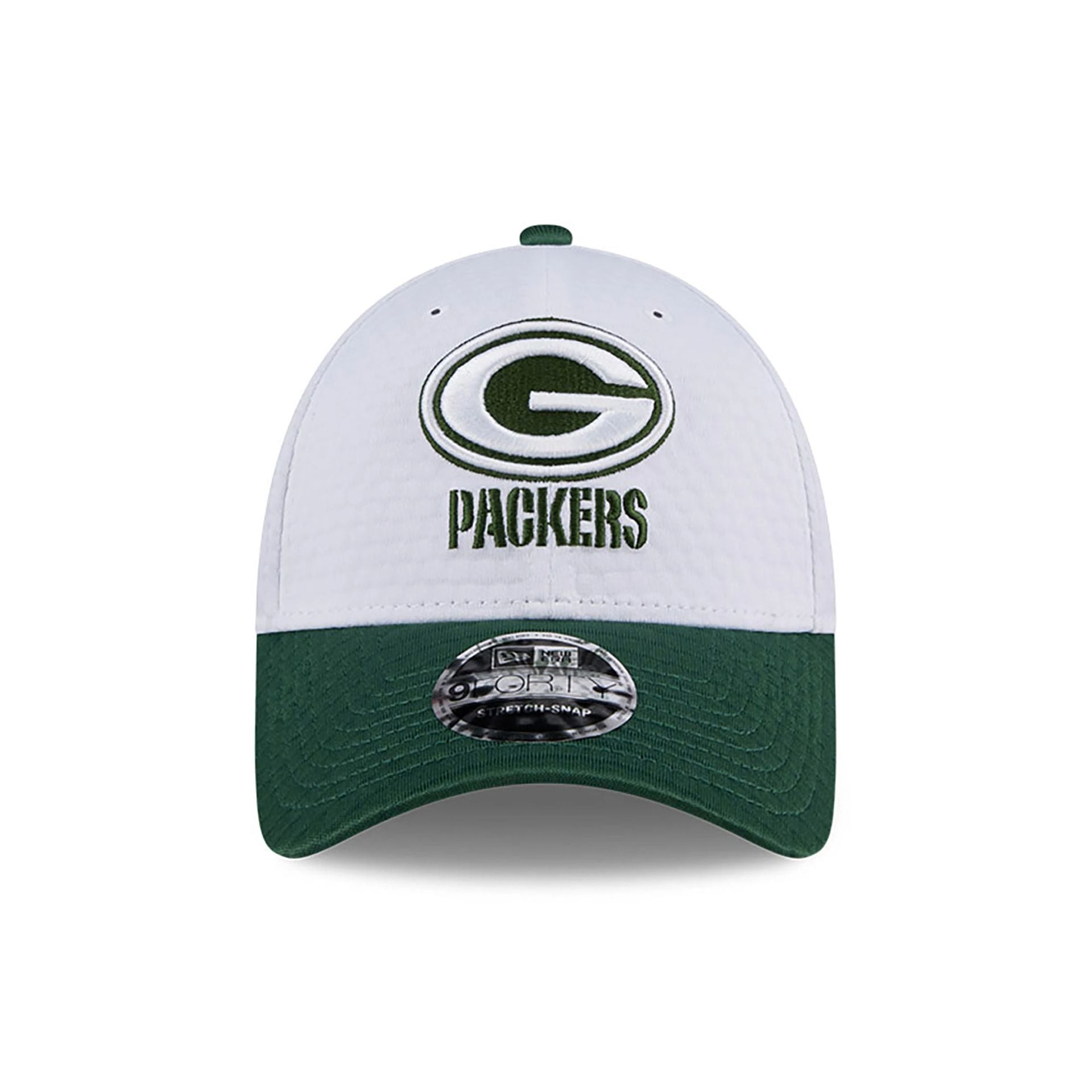 This is a Green Bay Packers NFL Training 2024 White 9FORTY Stretch Snap Cap 2