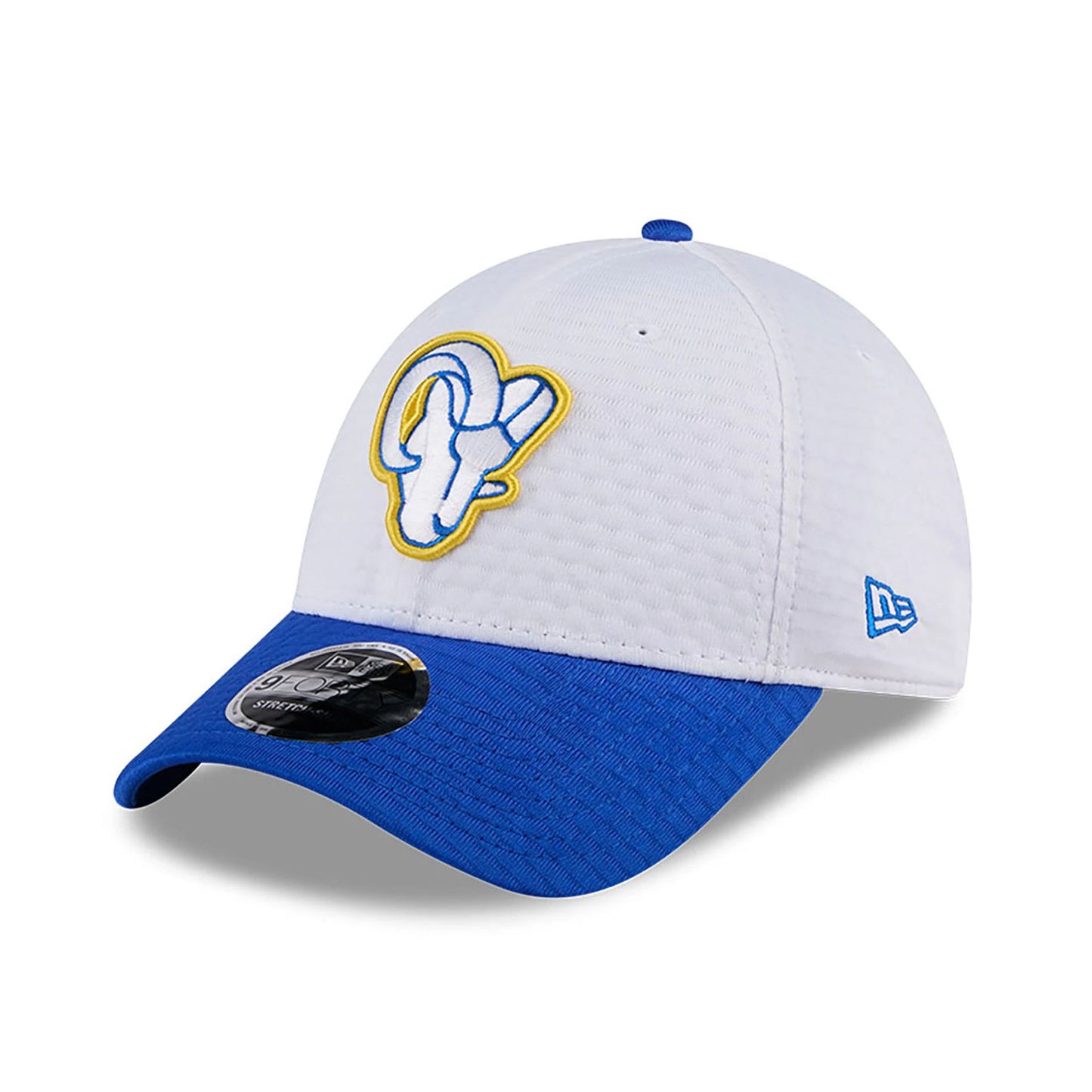 This is a LA Rams NFL Training 2024 White 9FORTY Stretch Snap Cap 1