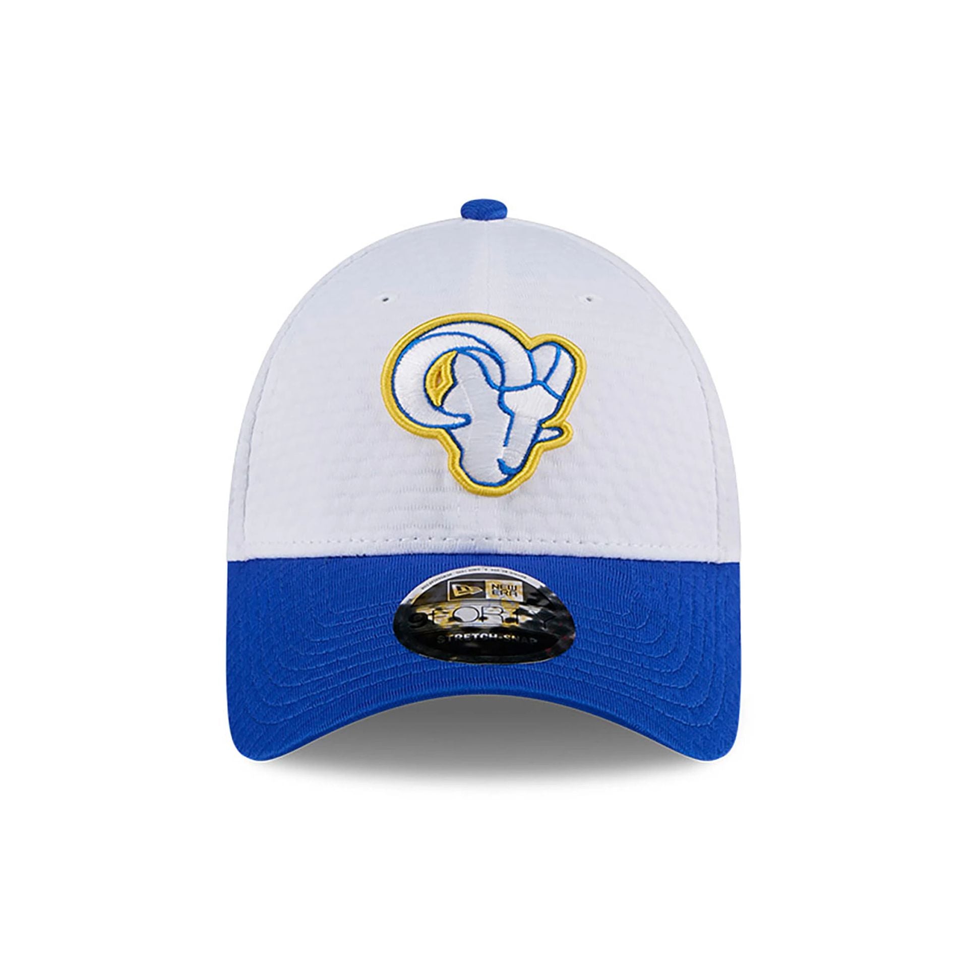 This is a LA Rams NFL Training 2024 White 9FORTY Stretch Snap Cap 2