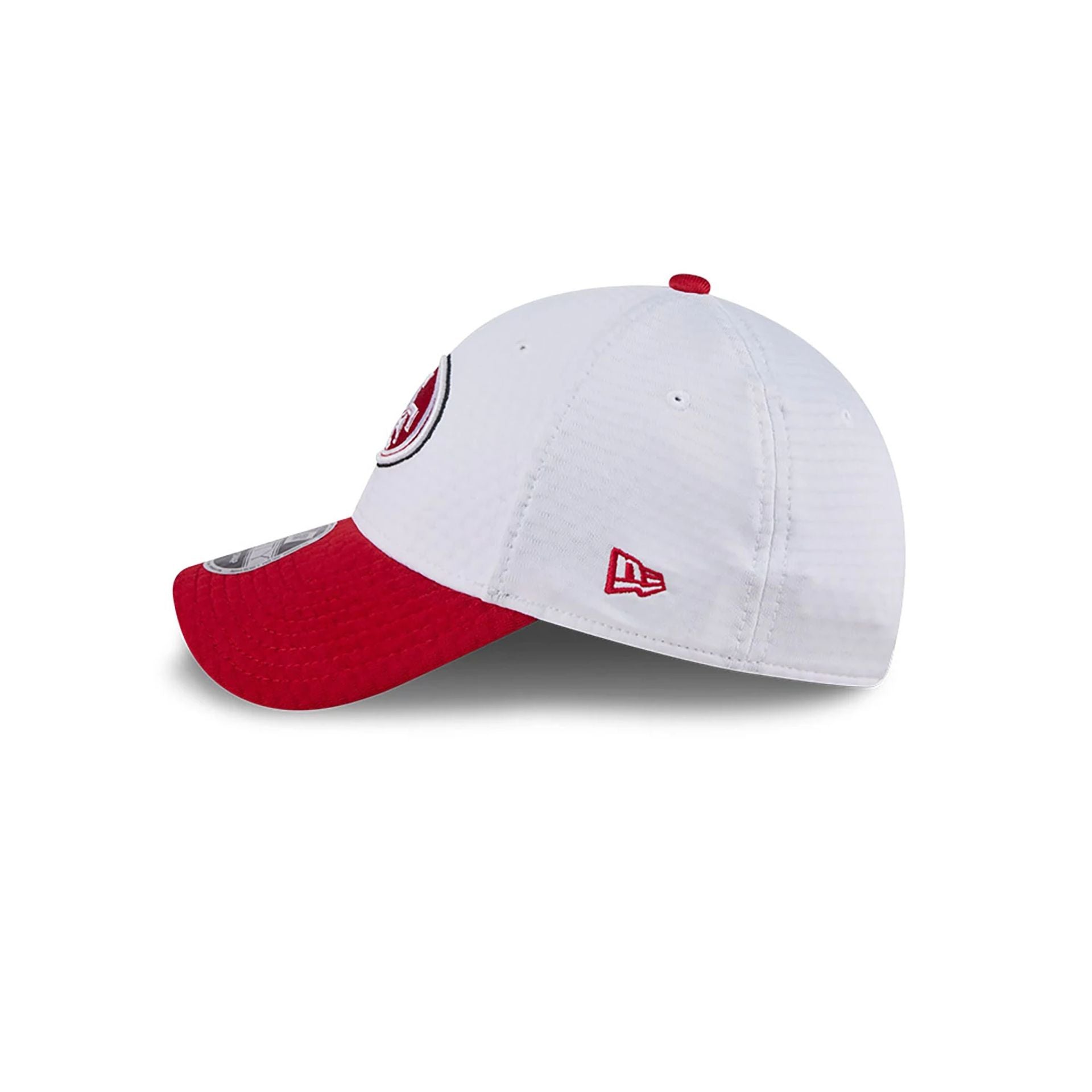 This is a San Francisco 49ers NFL Training 2024 White 9FORTY Stretch Snap Cap 7