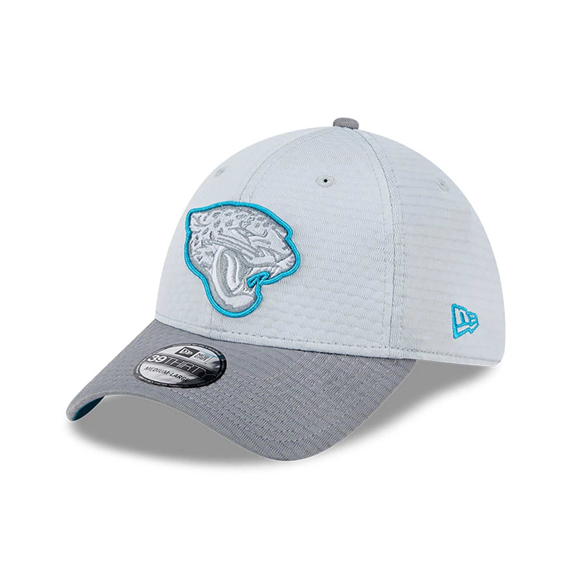 This is a Jacksonville Jaguars NFL Training 2024 Grey 39THIRTY Stretch Fit Cap 1