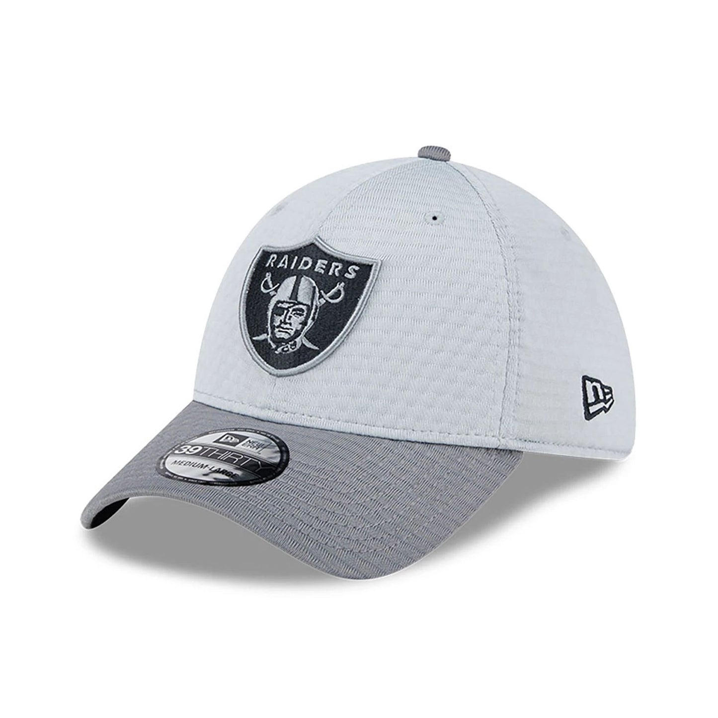 This is a Las Vegas Raiders NFL Training 2024 Grey 39THIRTY Stretch Fit Cap 1