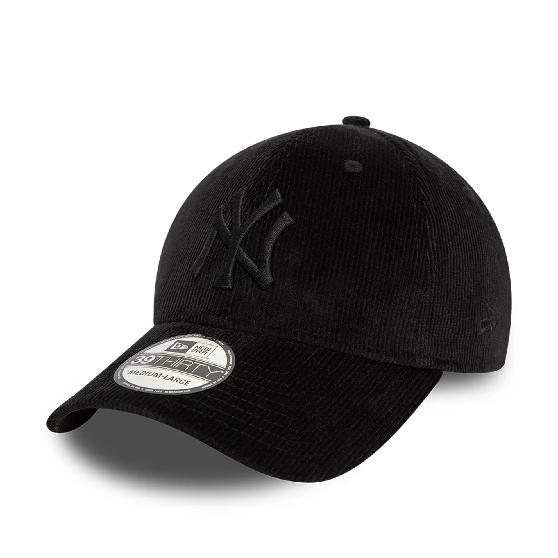 This is a New York Yankees Cord Black On Black 39THIRTY Stretch Fit Cap 1