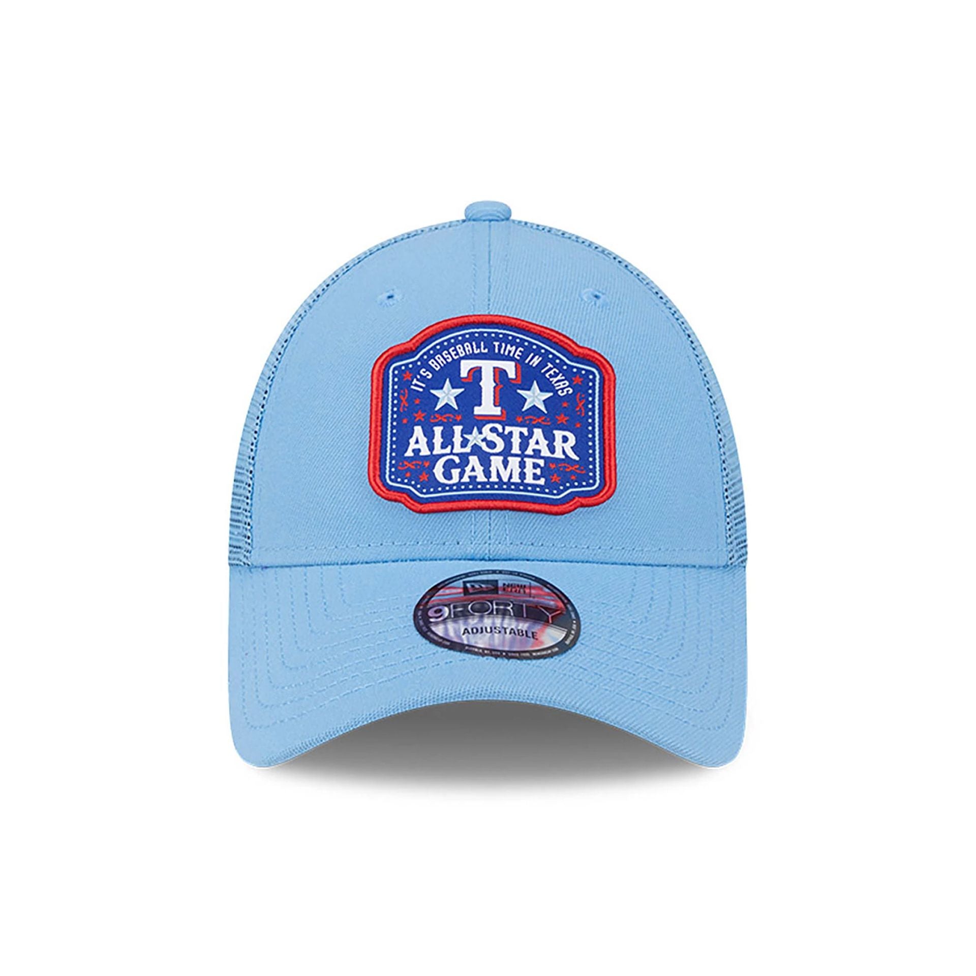 This is a Texas Rangers MLB All Star Game Patch Pastel Blue 9FORTY Trucker Cap 4